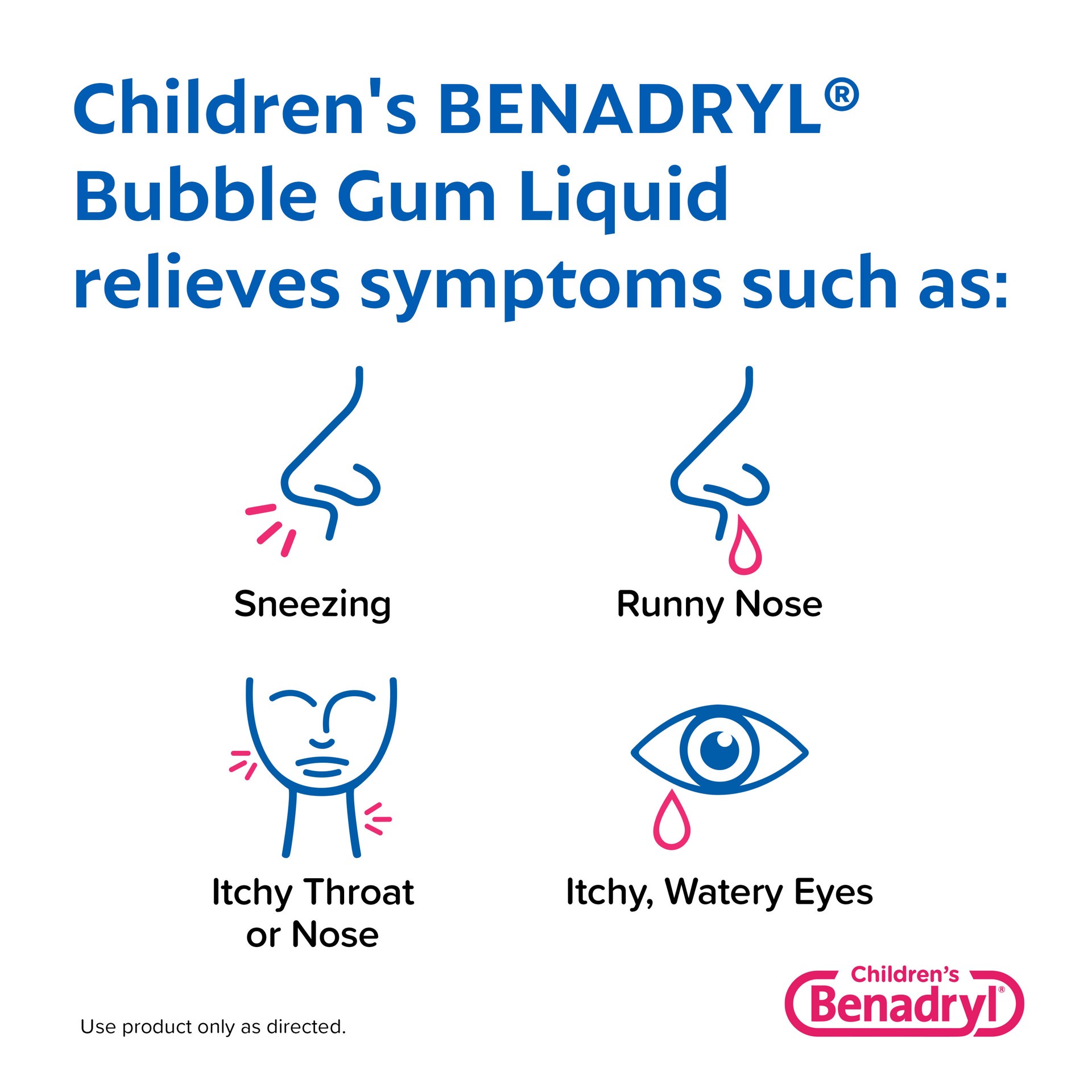 slide 6 of 9, Benadryl Children's Benadryl Dye-Free Allergy Liquid, Bubble Gum-Flavored, 4 Fl. Oz, 4 oz