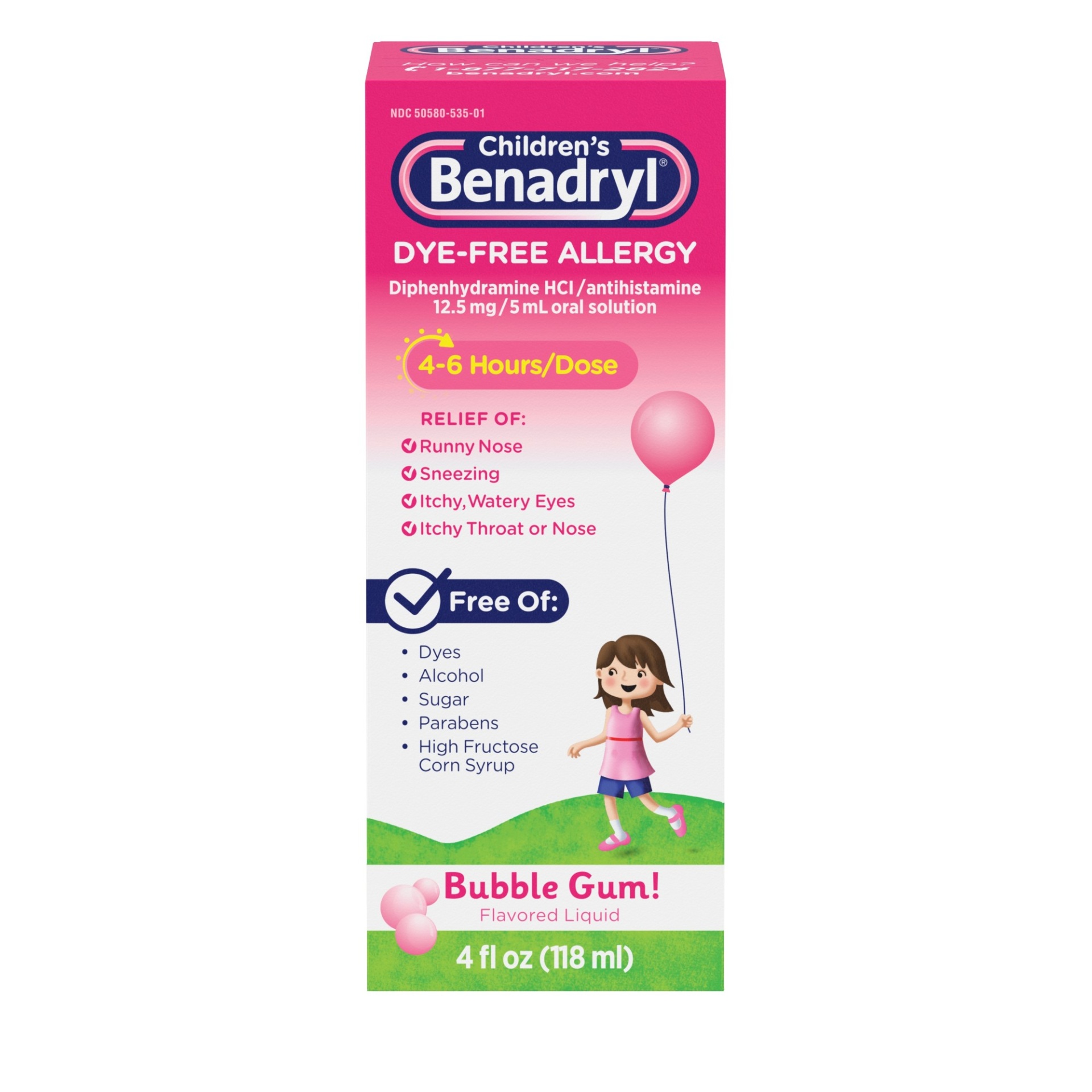 slide 1 of 5, Benadryl Dye-Free Allergy Relief Liquid Medicine with Diphenhydramine HCl, Antihistamine Allergy Medicine for Kids, Dye-Free, Alcohol-Free, Bubble Gum Flavor, 4 oz