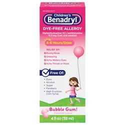 Benadryl Children's Benadryl Dye-Free Allergy Liquid, Bubble Gum-Flavored, 4 Fl. Oz