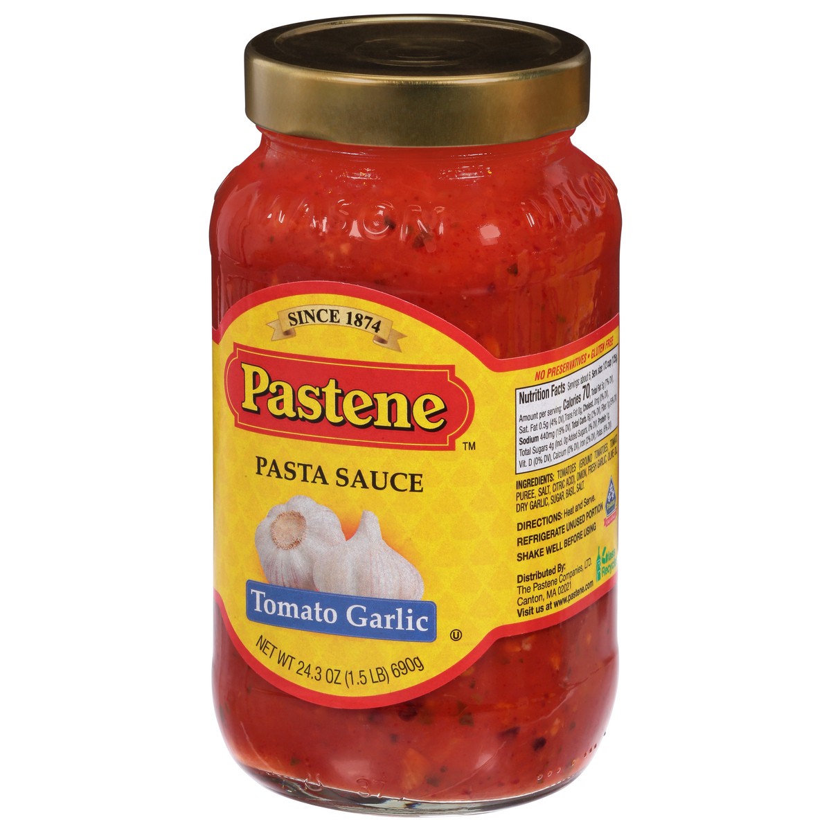 slide 4 of 9, Pastene Tomato Garlic Pasta Sauce 24.3 oz, 24 oz