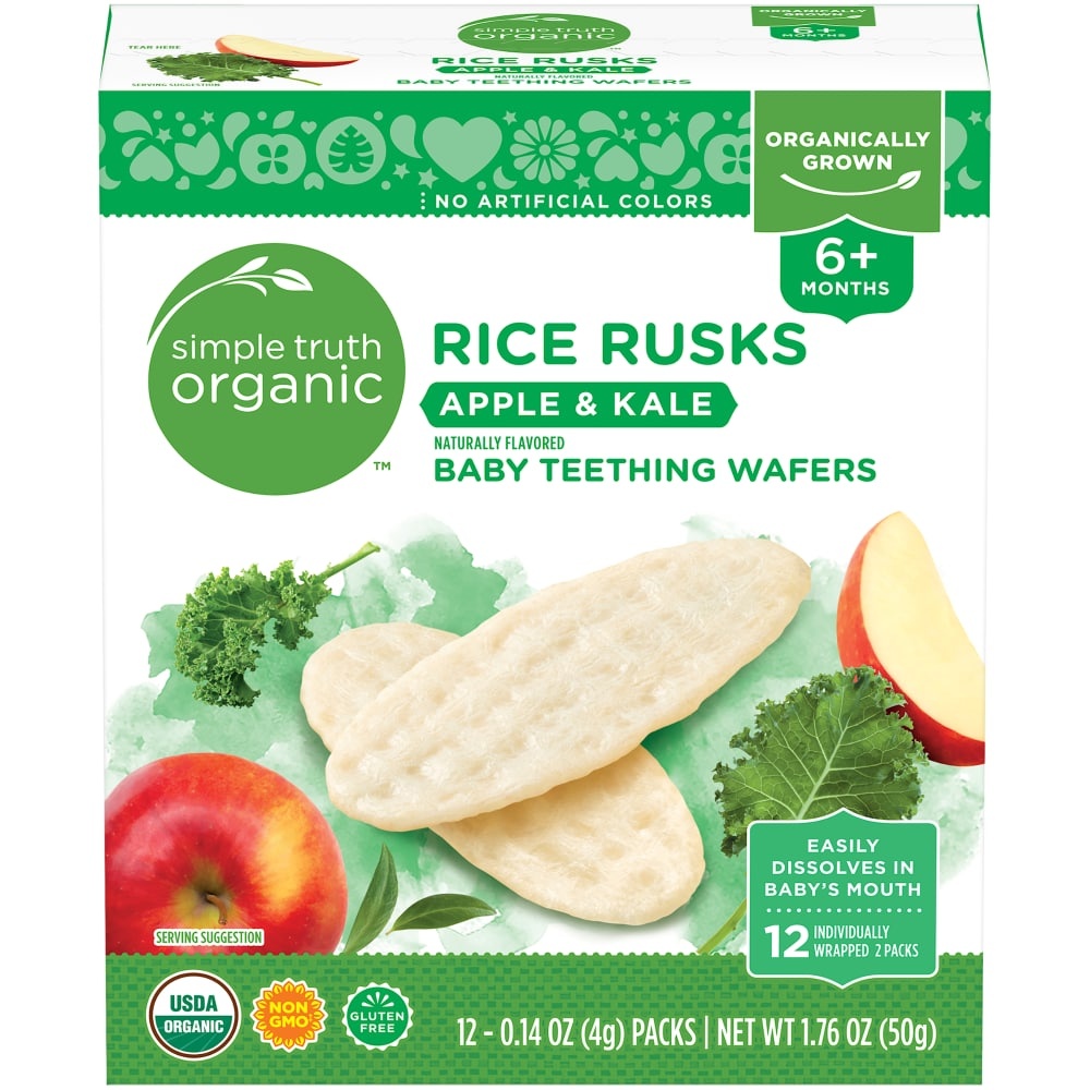 slide 1 of 1, Simple Truth Organic Rice Rusks Apple & Kale Baby Teething Wafers, 12 ct; 0.14 oz