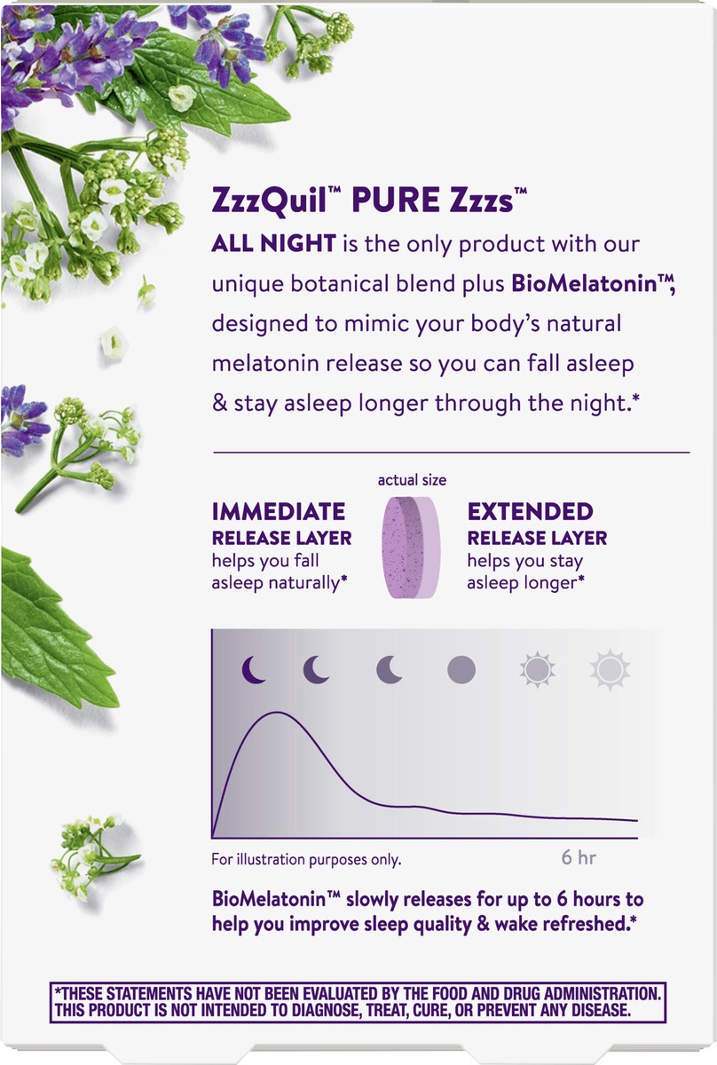 slide 2 of 3, Vicks ZzzQuil PURE Zzzs All Night Extended Release, Melatonin Sleep Aid Tablets, Helps You Stay Asleep Longer, Sleep Aid for Adults, 2 mg per tablet, 28 Count, 28 ct