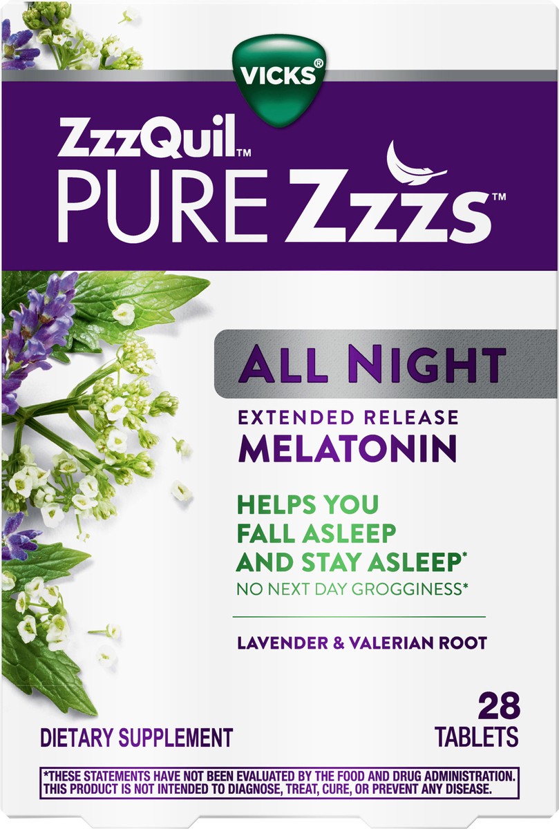slide 3 of 3, Vicks ZzzQuil PURE Zzzs All Night Extended Release, Melatonin Sleep Aid Tablets, Helps You Stay Asleep Longer, Sleep Aid for Adults, 2 mg per tablet, 28 Count, 28 ct