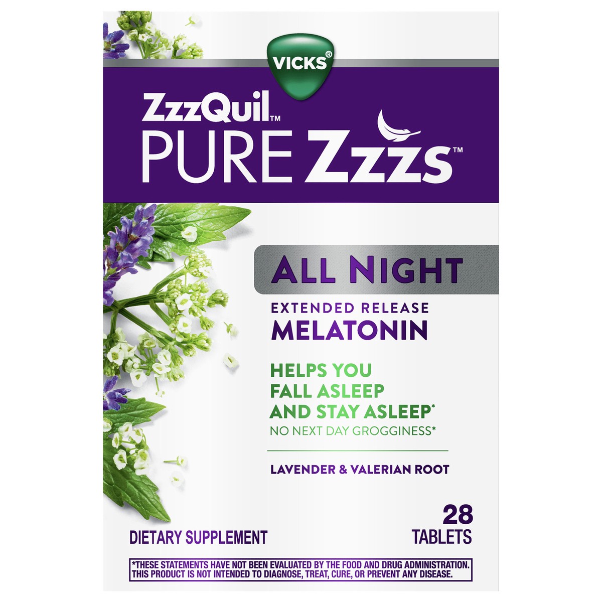 slide 1 of 3, Vicks ZzzQuil PURE Zzzs All Night Extended Release, Melatonin Sleep Aid Tablets, Helps You Stay Asleep Longer, Sleep Aid for Adults, 2 mg per tablet, 28 Count, 28 ct