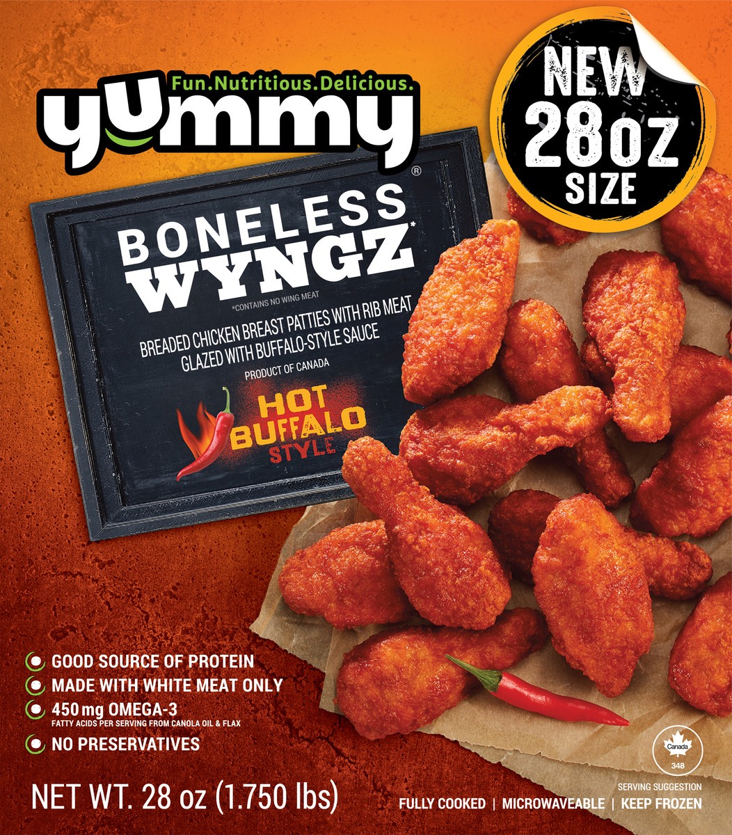 slide 2 of 11, Yummy Hot Buffalo Style Boneless Wyngz, 28 oz, 28 oz