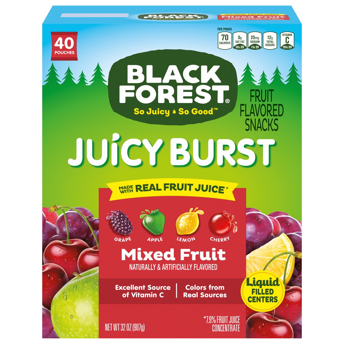 slide 1 of 9, Black Forest Juicy Burst Mixed Fruit Fruit Flavored Snacks 40 Pouches, 32 oz