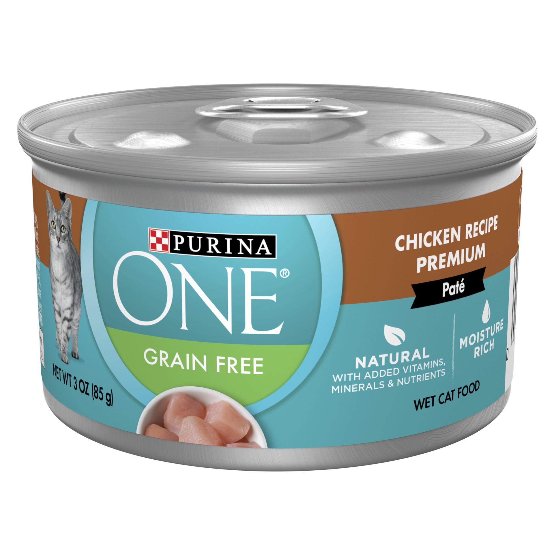 slide 1 of 8, ONE Purina ONE Natural, Grain Free Wet Cat Food Pate, Chicken Recipe, 3 oz