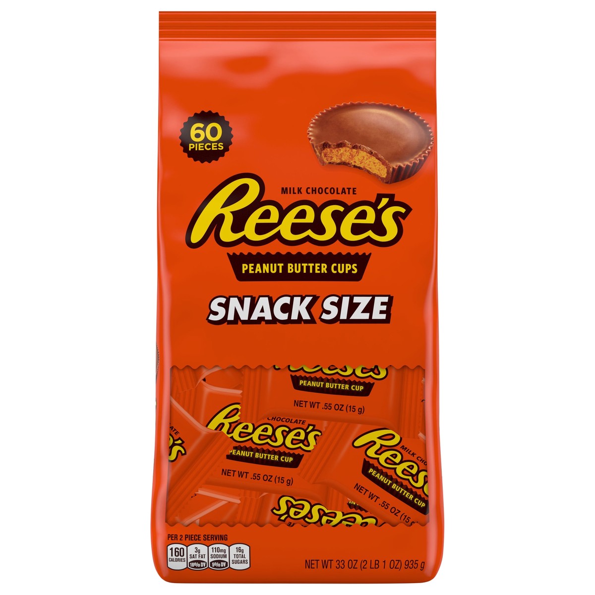 slide 1 of 6, Reese's Milk Chocolate Peanut Butter Snack Size Cups Candy, Halloween Bulk Candy, 33 oz, Bag (60 Pieces), 60 ct
