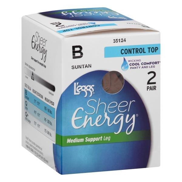 slide 1 of 1, L'eggs Sheer Energy Medium Support Leg Control Top B Suntan - 2 PK, 2 ct