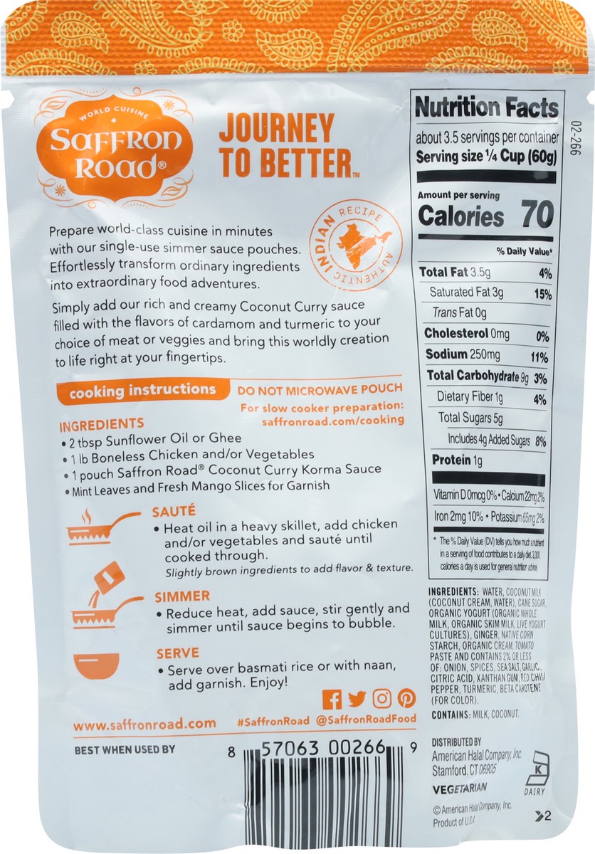 slide 4 of 13, Saffron Road Mild Coconut Curry Korma Sauce 7 oz, 7 oz