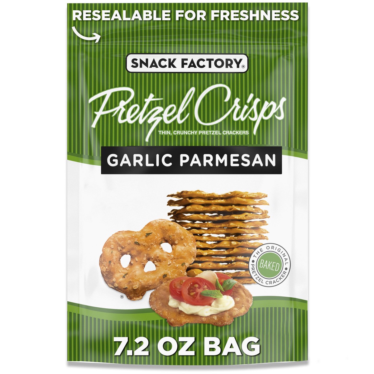 slide 1 of 5, Snack Factory Garlic Parmesan Pretzel Crisps, 7.2 OZ Resealable Bag, 7.200 oz