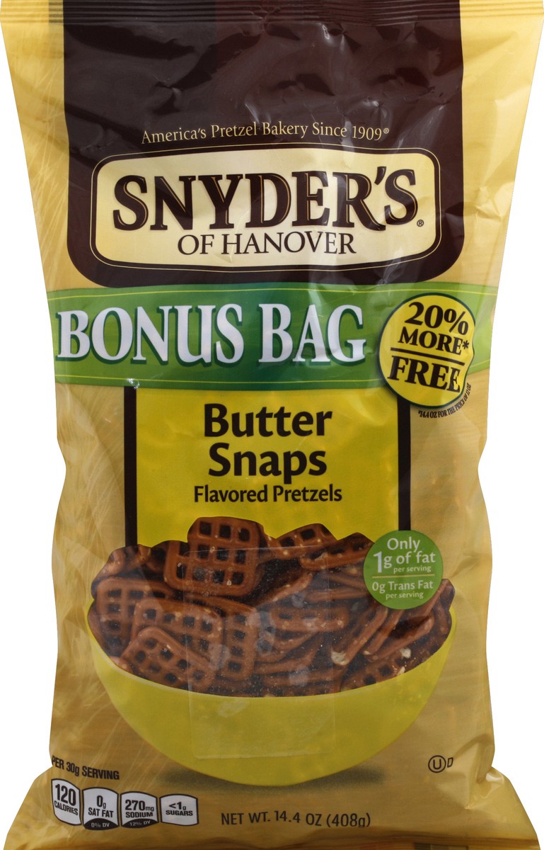 slide 5 of 5, Snyder's of Hanover Flavored Pretzels, Butter Snaps, Bonus Bag, 14 oz