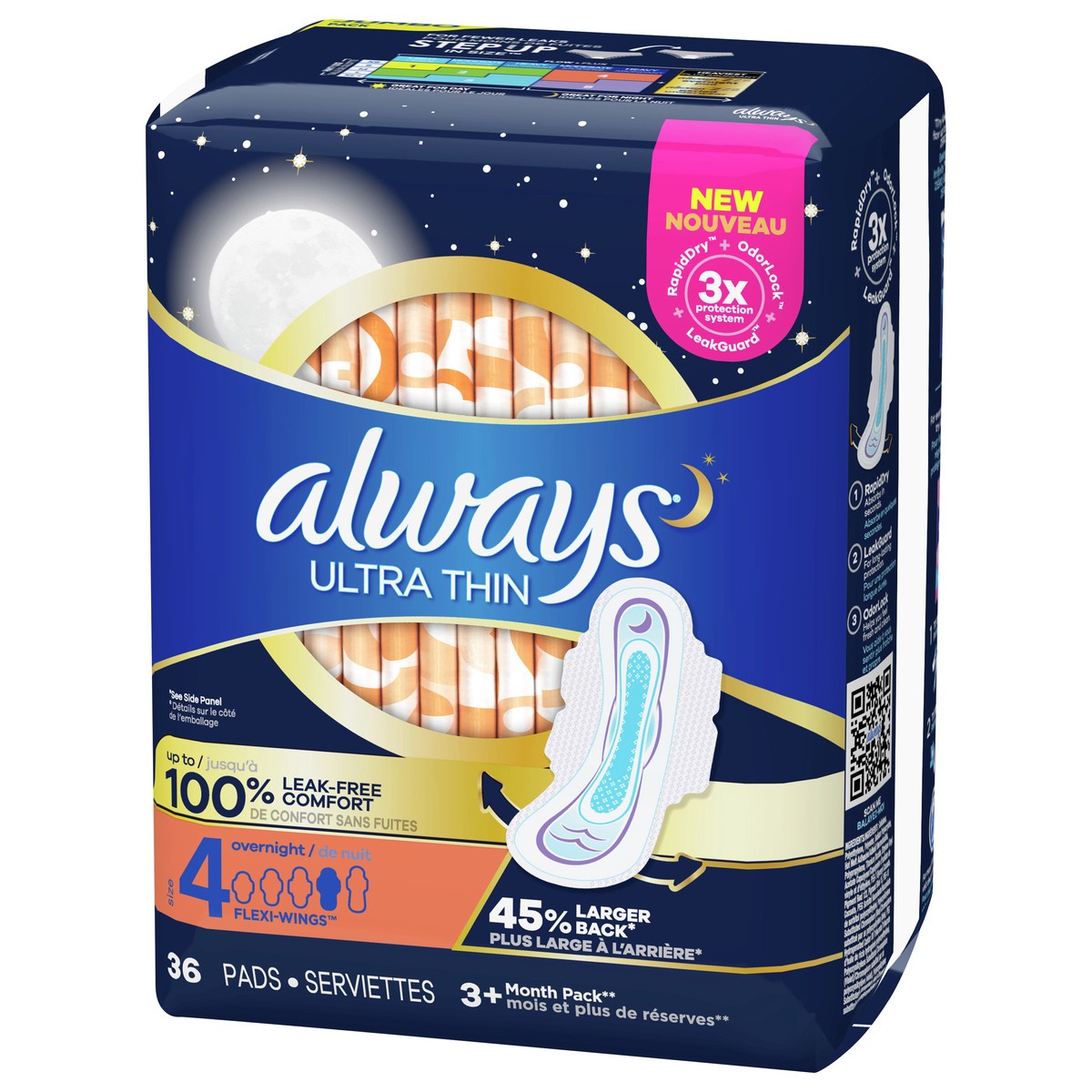 slide 4 of 4, Always Ultra Thin Pads Size 4 Overnight Absorbency Unscented with Wings, 36 Count, 36 ct