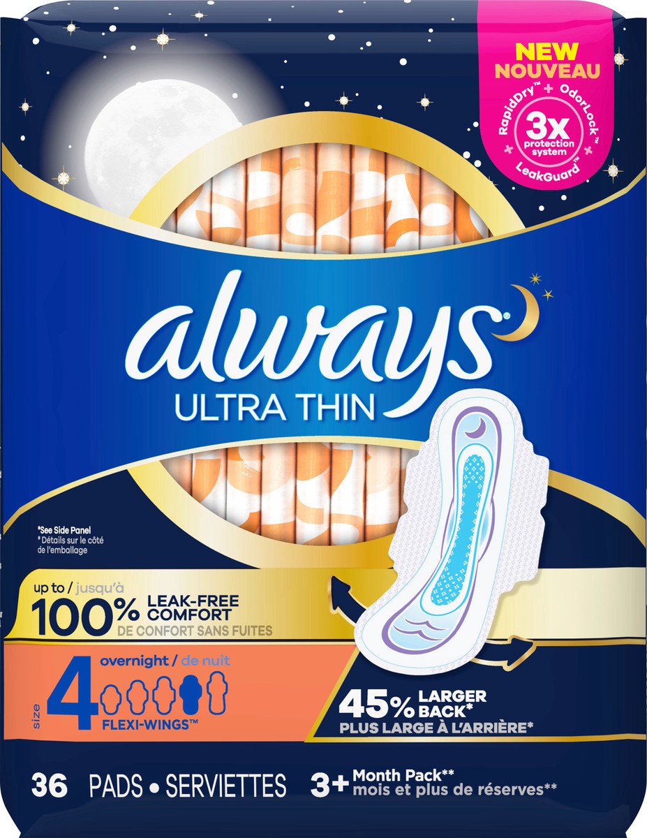 slide 2 of 4, Always Ultra Thin Pads Size 4 Overnight Absorbency Unscented with Wings, 36 Count, 36 ct