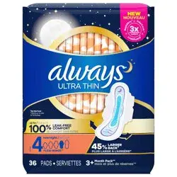 Always Ultra Thin Pads Size 4 Overnight Absorbency Unscented with Wings, 36 Count