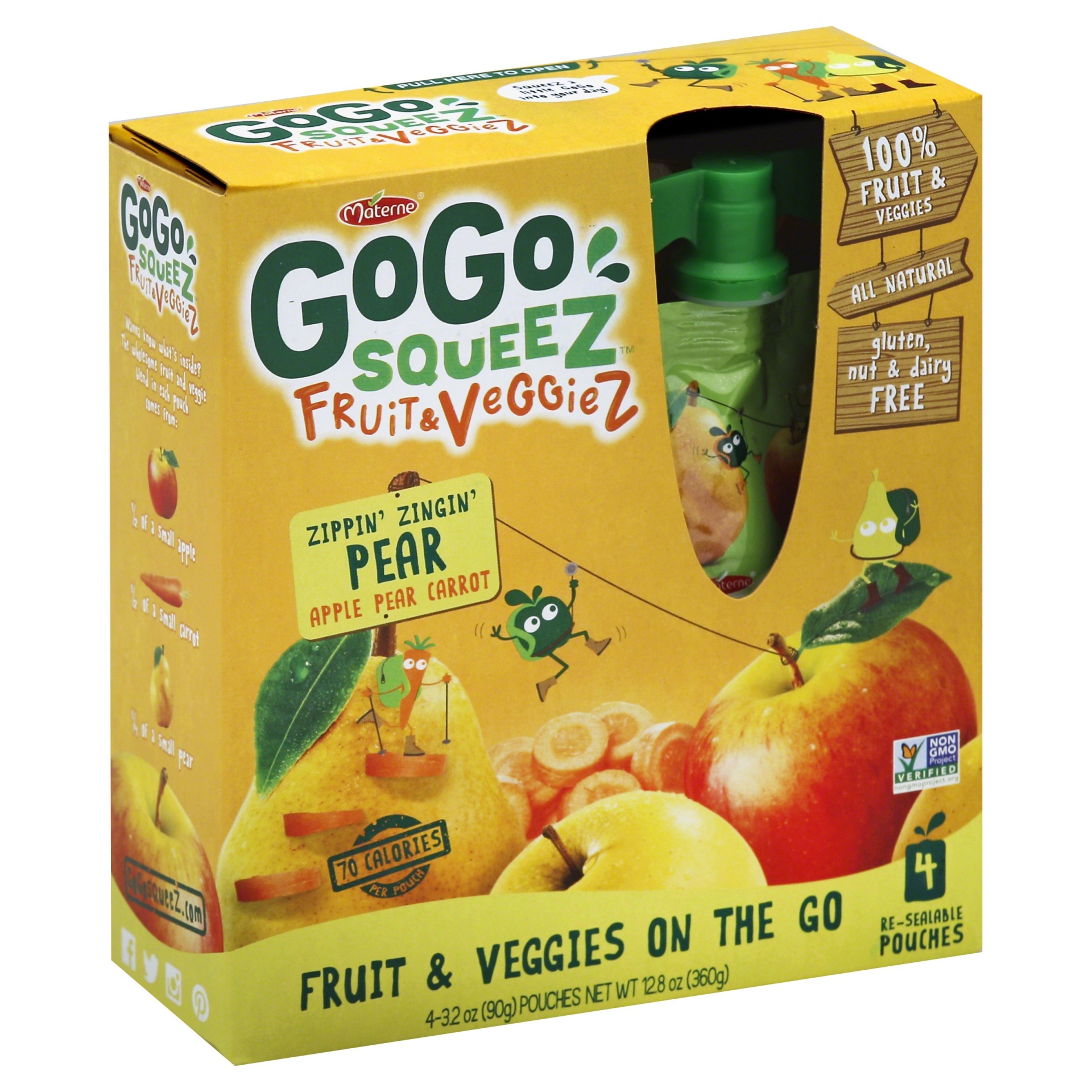 slide 1 of 4, GoGo squeeZ Fruit & Veggies On The Go Zippin' Zingin' Pear Pouches, 4 ct; 3.2 oz