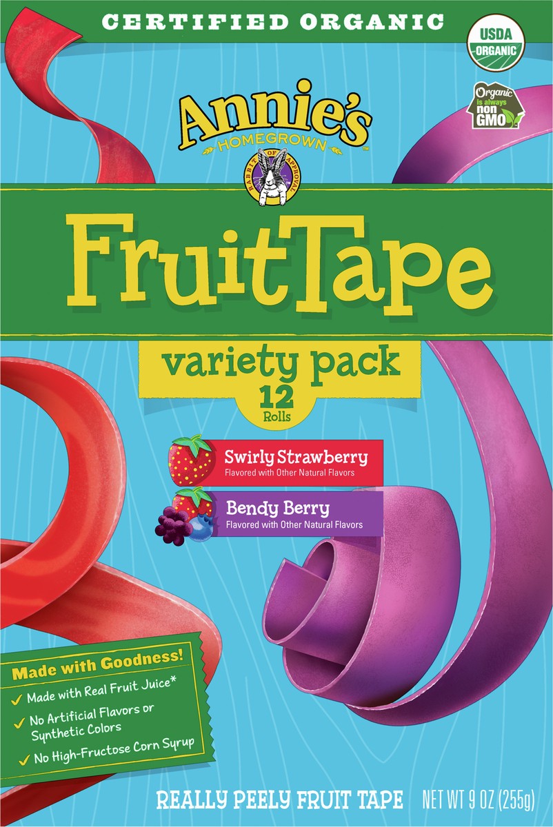 slide 6 of 9, Annie's Organic Fruit Tape, Swirly Strawberry and Bendy Berry Flavors, Variety Pack, 12 Rolls, 9 oz, 11 oz