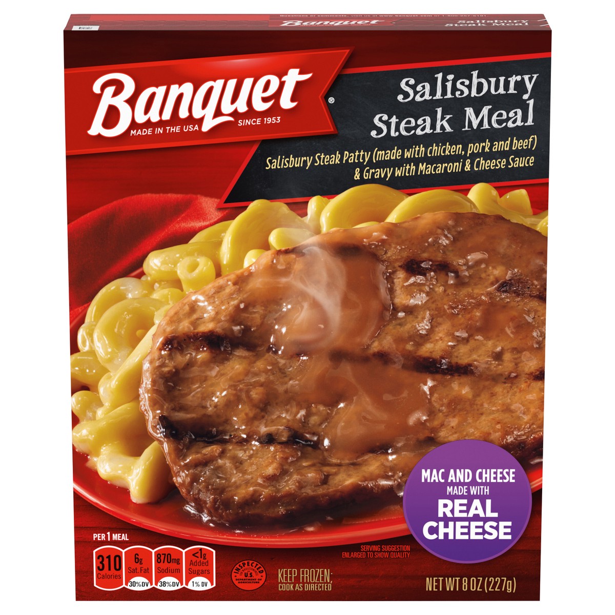 slide 1 of 5, Banquet Basic Salisbury Steak with Mac and Cheese Frozen Single Serve Meal, 8 Ounce, 8 oz