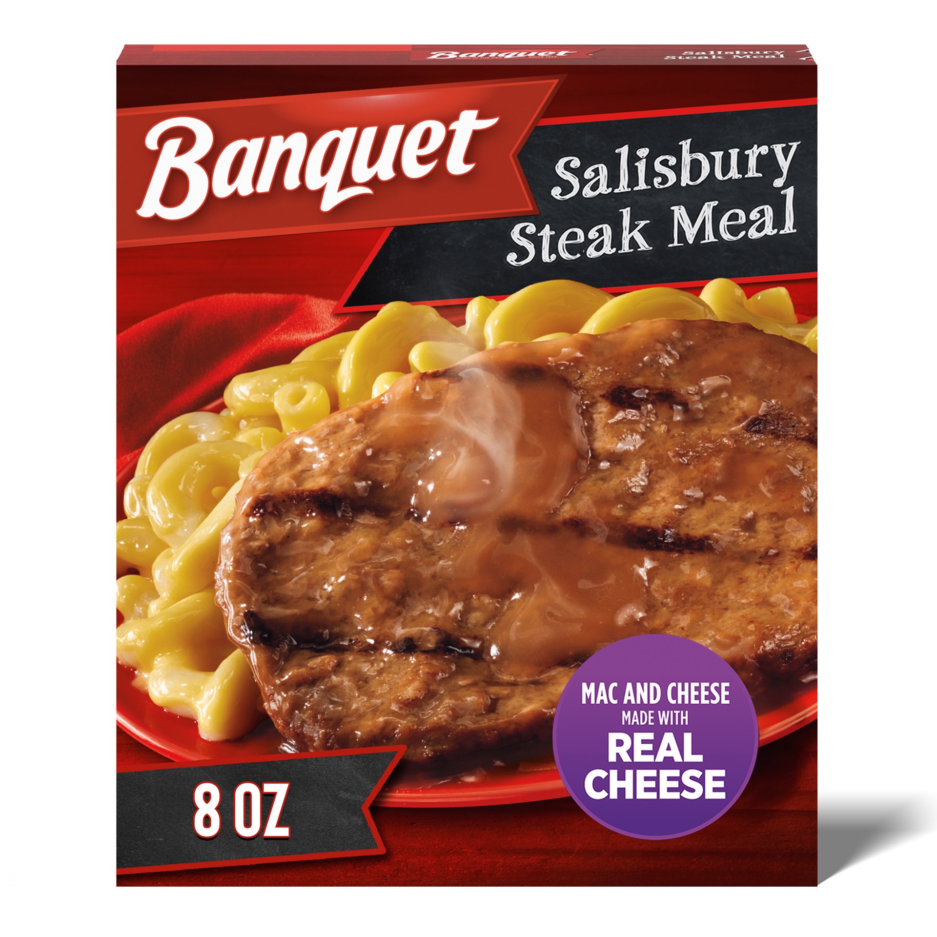 slide 1 of 5, Banquet Basic Salisbury Steak with Mac and Cheese Frozen Single Serve Meal, 8 Ounce, 8 oz