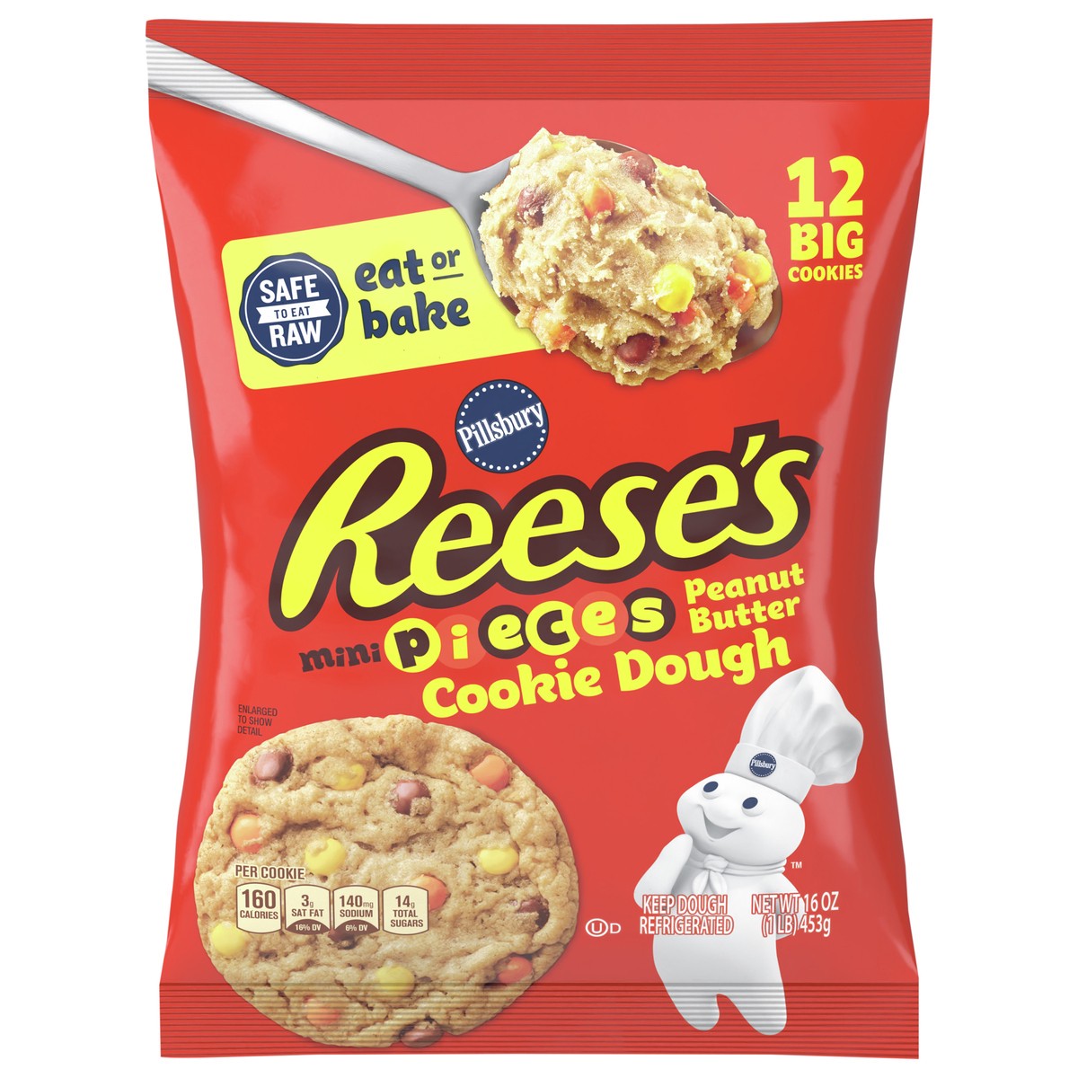 slide 1 of 14, Pillsbury Eat or Bake Refrigerated Cookie Dough, REESE'S MINI PIECES Peanut Butter, Makes 12 Cookies, 16 oz, 12 ct; 16 oz