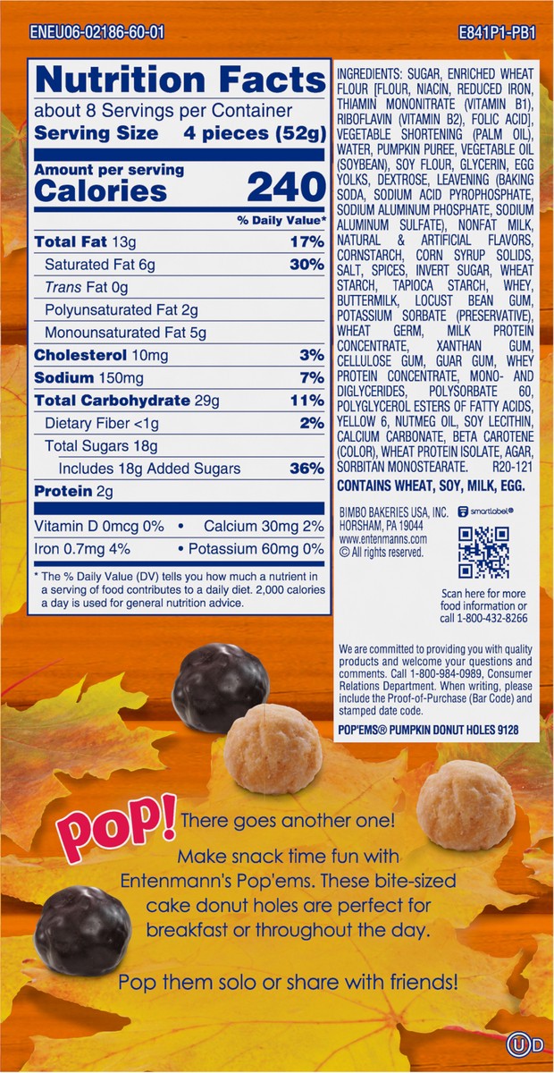 slide 5 of 9, Entenmann's Pop'ems Pumpkin Donut Holes, 15 oz