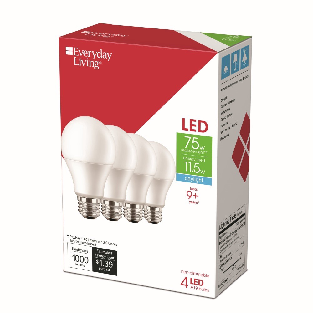 slide 2 of 3, Everyday Living 75W Daylight A19 LED Light Bulbs, 4 ct