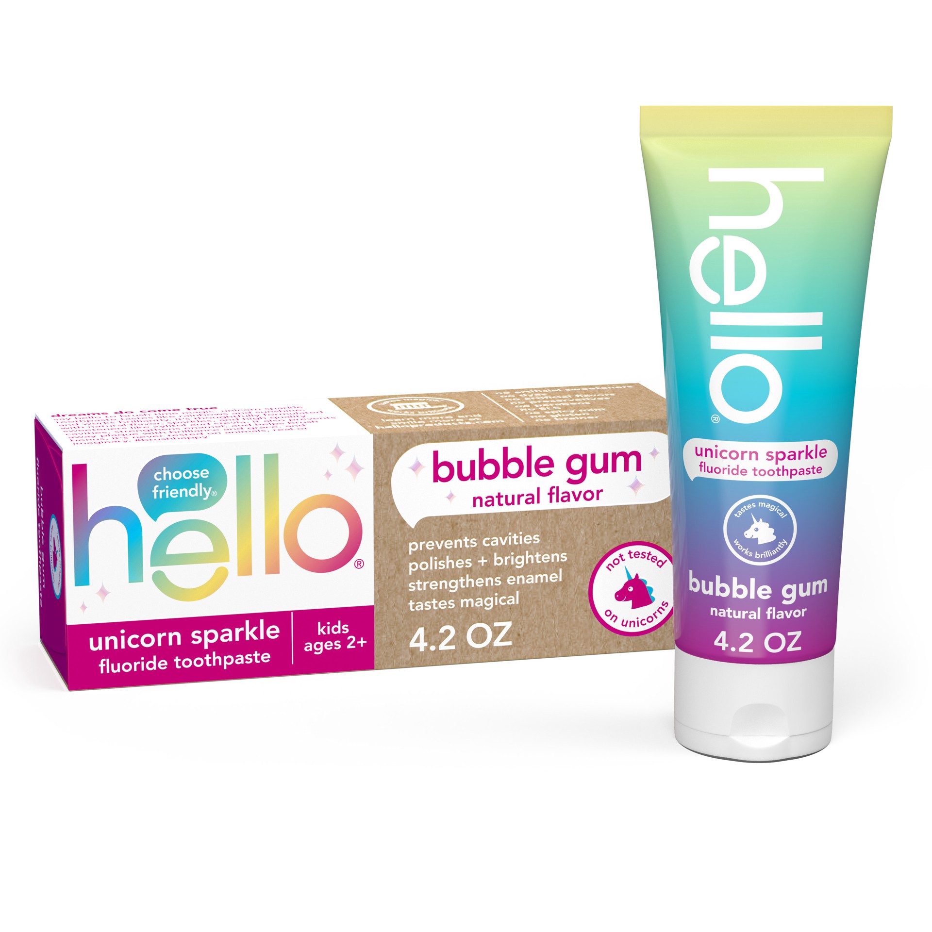 slide 1 of 7, hello Kids Unicorn Sparkle Fluoride Toothpaste with Natural Bubble Gum Flavor, Vegan, SLS & Gluten Free, 4.2 oz