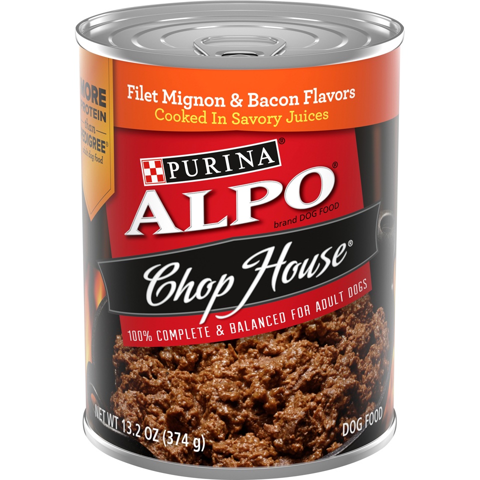 slide 1 of 8, Purina ALPO Chop House Filet Mignon & Bacon Flavors Dog Food, 13 oz