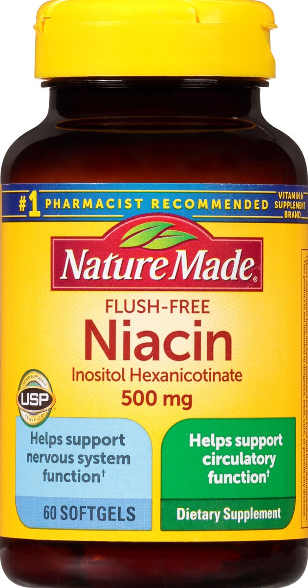 slide 7 of 9, Nature Made Flush Free Niacin 500 mg, Dietary Supplement for Nervous System Support, 60 Softgels, 60 Day Supply, 60 ct