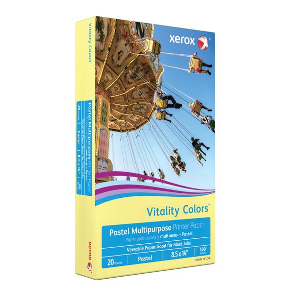 slide 3 of 3, Xerox Vitality Colors Multi-Use Printer Paper, Legal Size (8-1/2'' X 14''), 20 Lb, 30% Recycled, Yellow, Ream Of 500 Sheets, 500 ct