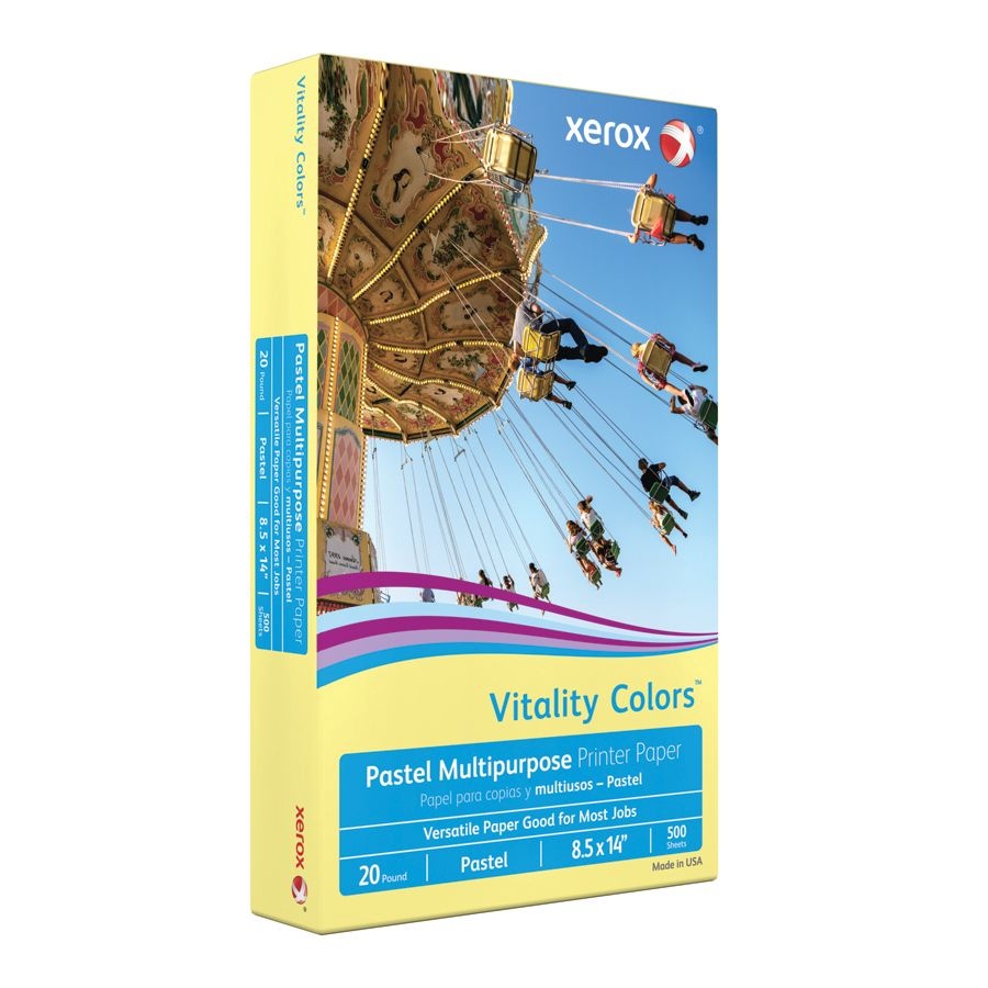 slide 2 of 3, Xerox Vitality Colors Multi-Use Printer Paper, Legal Size (8-1/2'' X 14''), 20 Lb, 30% Recycled, Yellow, Ream Of 500 Sheets, 500 ct