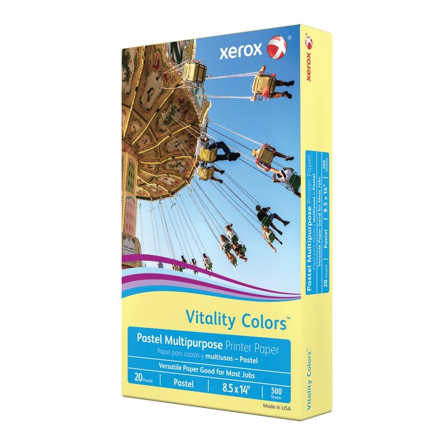slide 3 of 3, Xerox Vitality Colors Multi-Use Printer Paper, Legal Size (8-1/2'' X 14''), 20 Lb, 30% Recycled, Yellow, Ream Of 500 Sheets, 500 ct