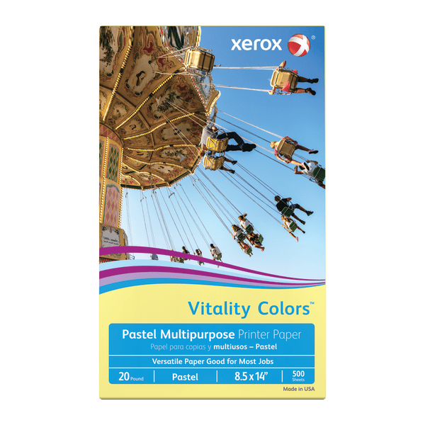 slide 1 of 3, Xerox Vitality Colors Multi-Use Printer Paper, Legal Size (8-1/2'' X 14''), 20 Lb, 30% Recycled, Yellow, Ream Of 500 Sheets, 500 ct