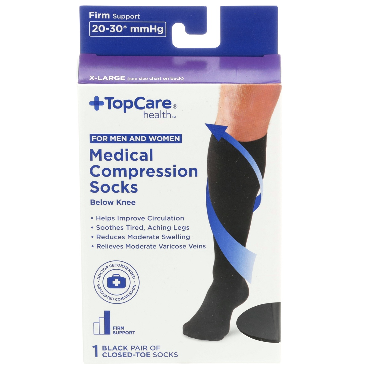 slide 1 of 1, TopCare Health Men And Women Medical Compression Socks Below Kneww X-Large Black, 1 pair