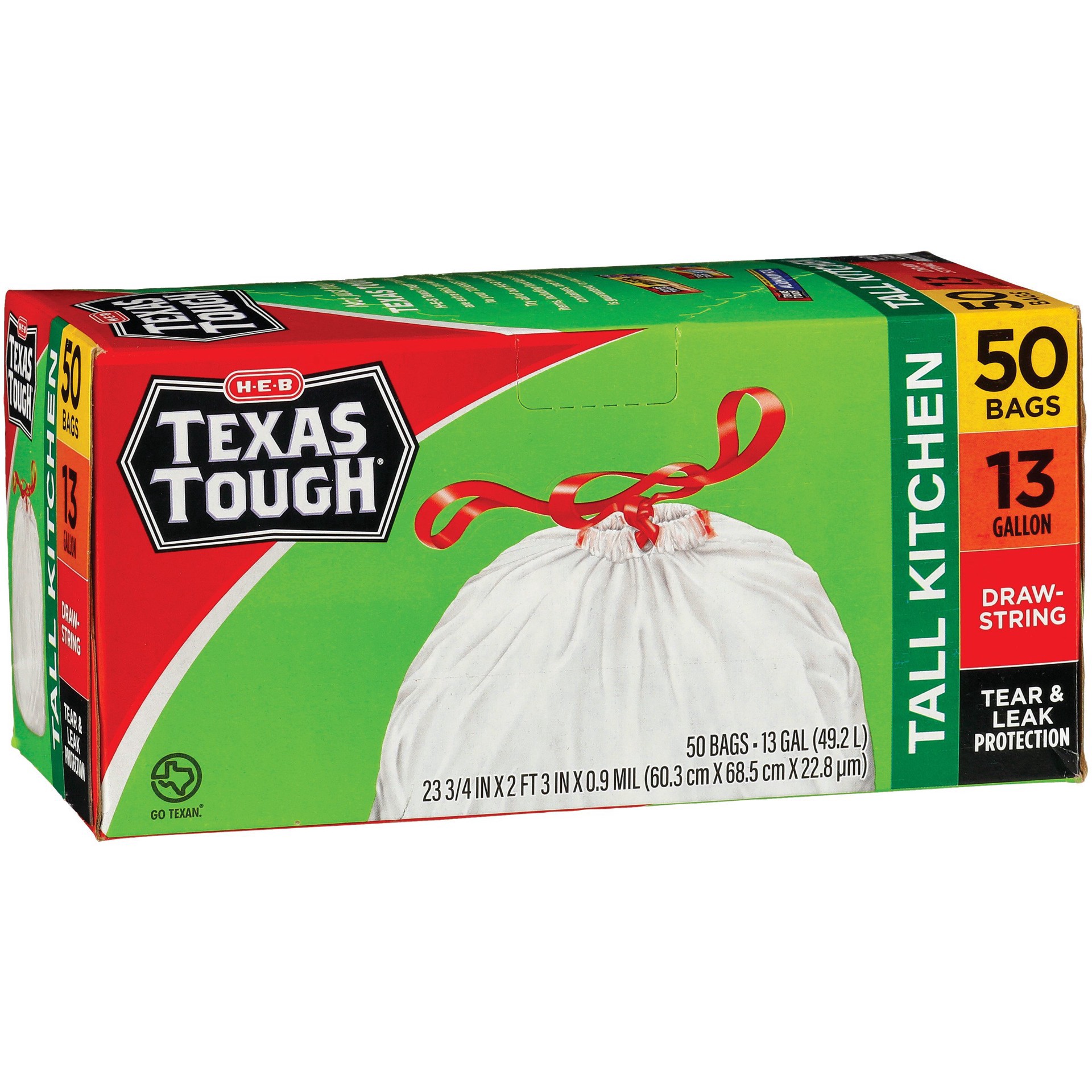 slide 1 of 1, H-E-B Texas Tough Drawstring Tall Kitchen13 Gallon Trash Bags, 50 ct