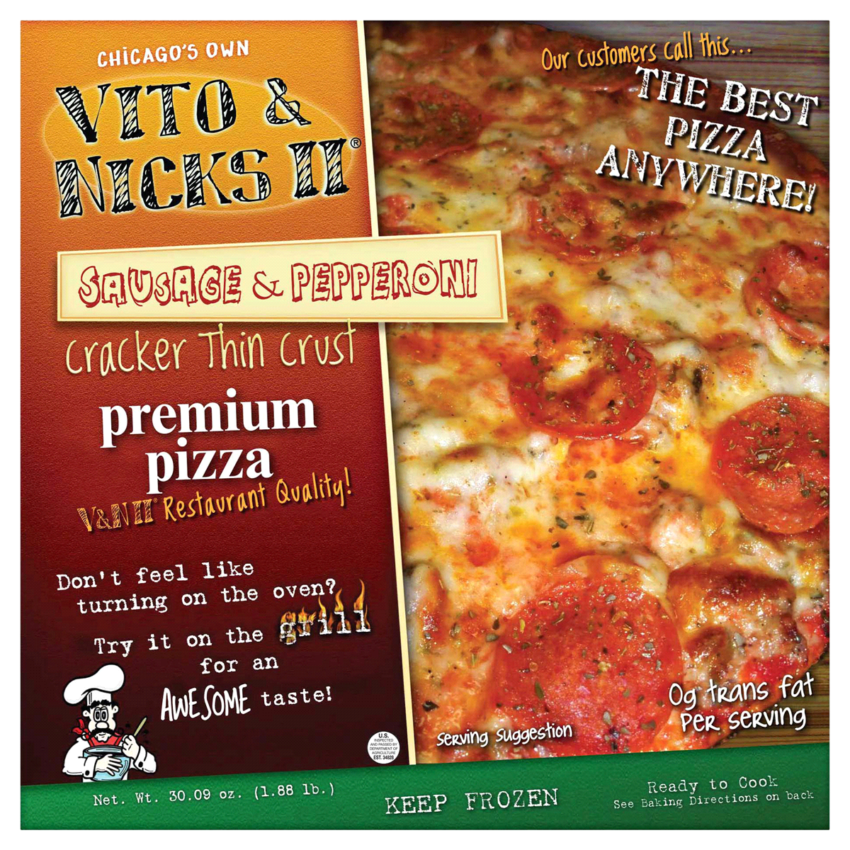 slide 1 of 1, Vito & Nicks II Vito And Nicks Ii Sausage And Pepperoni Cracker Thin Crust Premium Pizza, 30.09 oz