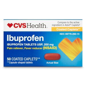 slide 1 of 1, CVS Health Coated Ibuprofen Caplets (Capsule-Shaped Tablets), 200 Mg, Pain Reliever And Fever Reducer, 50 Ct, 50 ct