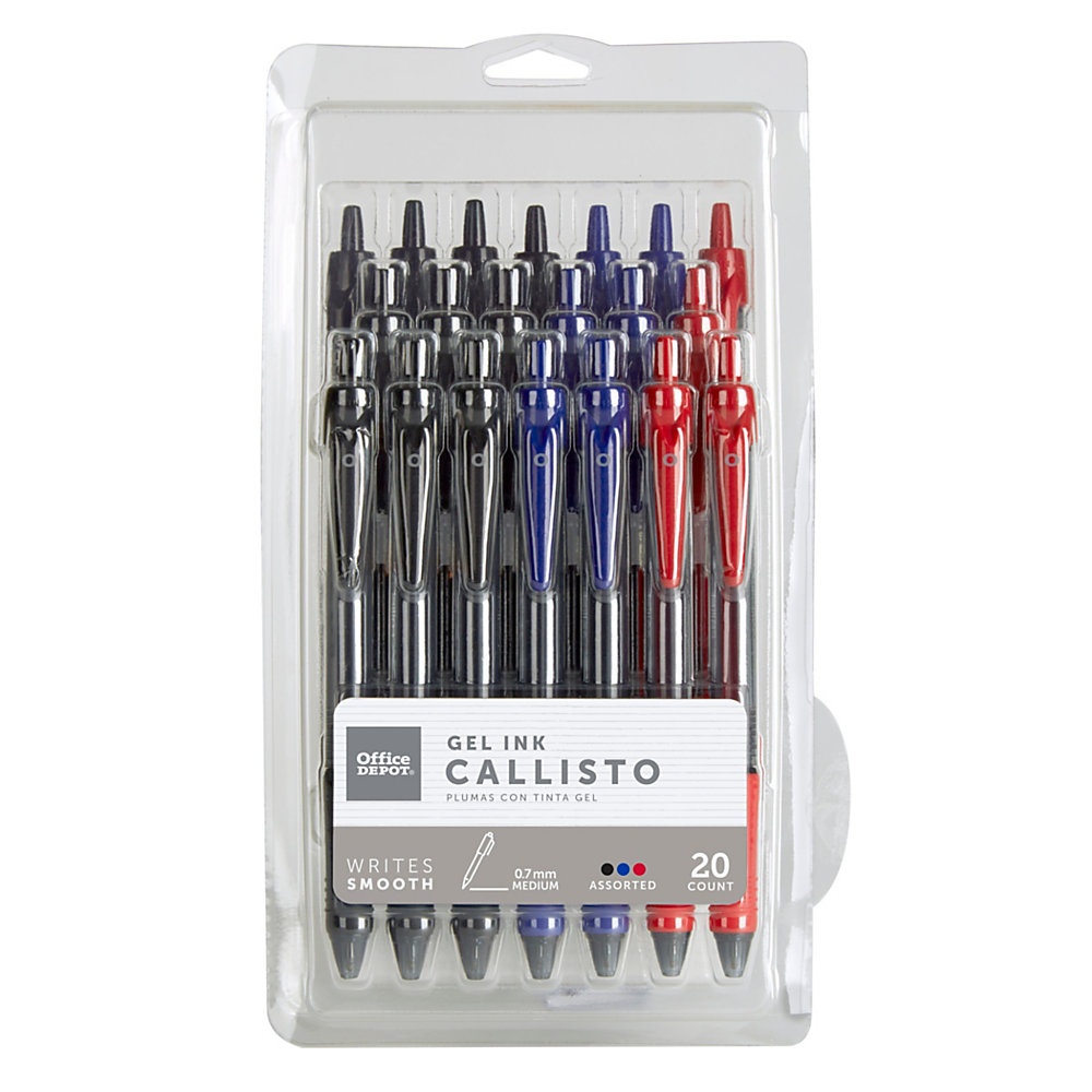 slide 1 of 1, Office Depot Brand Callisto Retractable Gel Ink Pens, Medium Point, 0.7 Mm, Visible Ink Supply, Assorted Classic Ink Colors, Pack Of 20, 20 ct