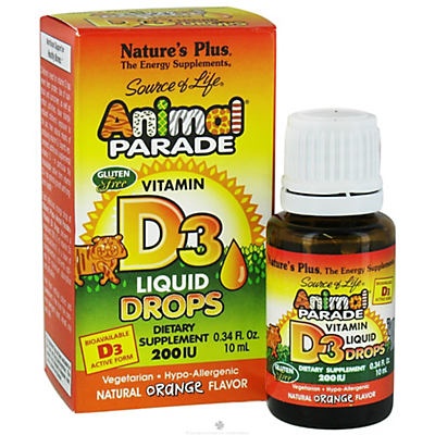 slide 1 of 1, Nature's Plus Source of Life Animal Parade Vitamin D3 200 IU Orange Flavored Liquid Drops, 10 ml