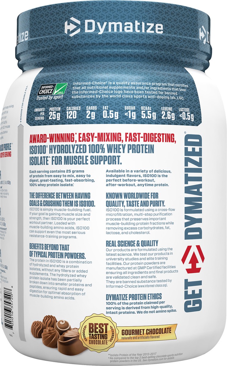 slide 2 of 4, Dymatize ISO100 Hydrolyzed Gourmet Chocolate Protein Powder 22.6 oz, 22.6 oz