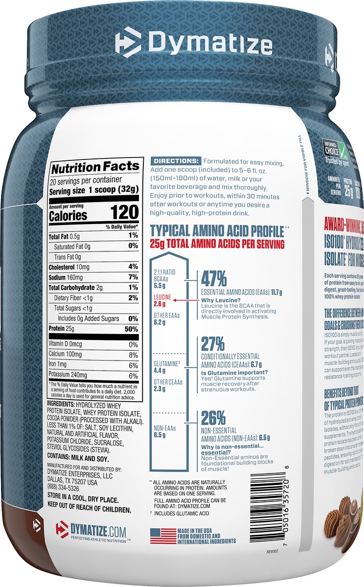 slide 3 of 4, Dymatize ISO100 Hydrolyzed Gourmet Chocolate Protein Powder 22.6 oz, 22.6 oz