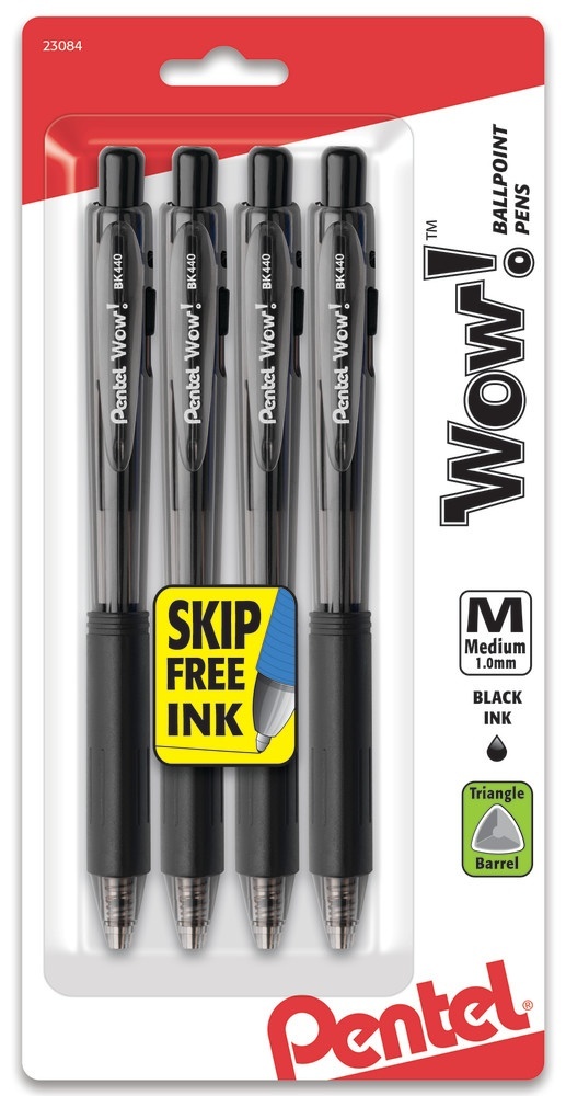 slide 1 of 1, Pentel Wow! Black Ink Ball Point Pens, 4 ct