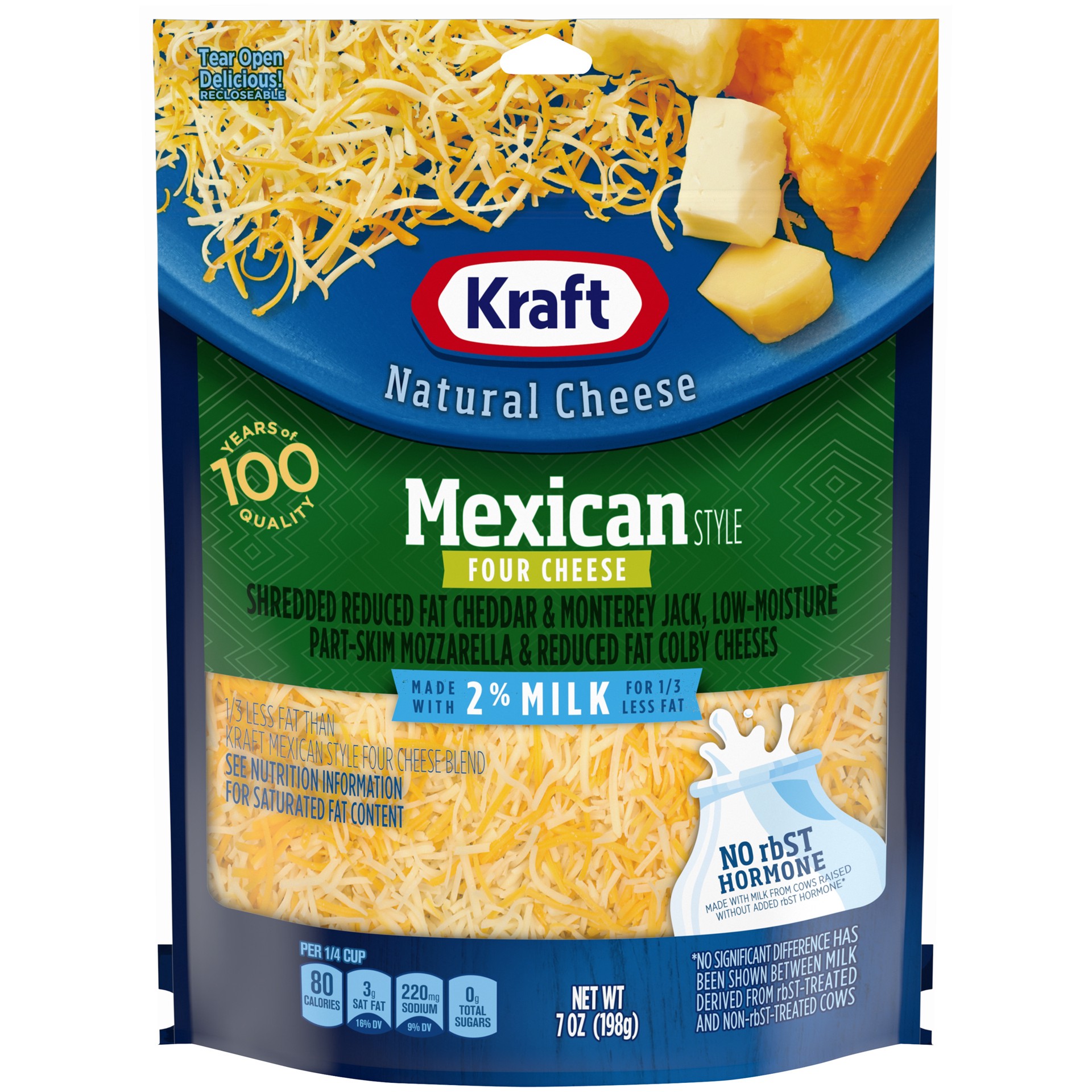 slide 1 of 6, Kraft Mexican Style Four Cheese Blend Shredded Cheese with 2% Milk, 7 oz Bag, 7 oz