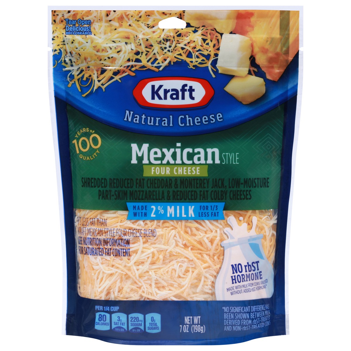 slide 1 of 6, Kraft Mexican Style Four Cheese Blend Shredded Cheese with 2% Milk, 7 oz