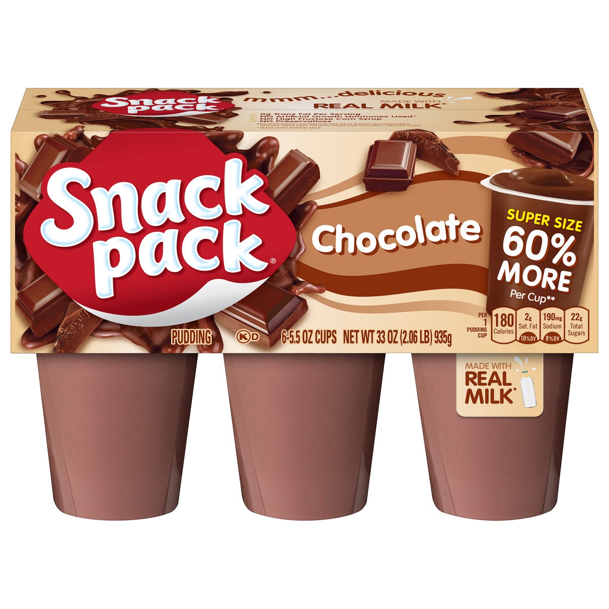 slide 1 of 5, Snack Pack Chocolate Pudding Super Size 6 - 5.5 oz Cups, 6 ct