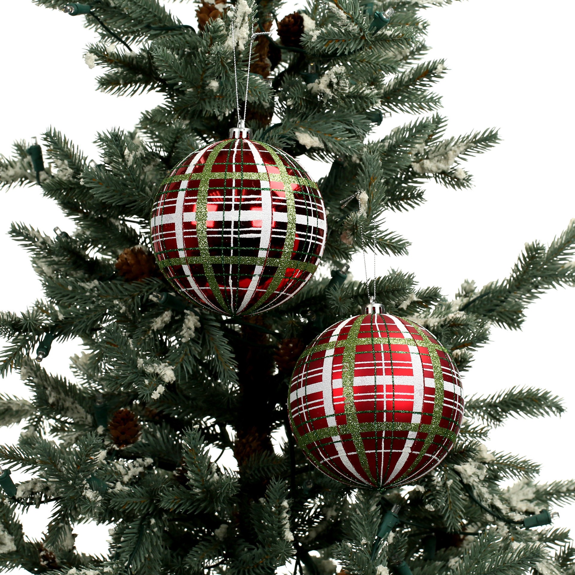 slide 2 of 3, 2 Pack 4.7" Red, Green & White Plaid Shatterproof Ball Ornaments By Ashland, 2 ct