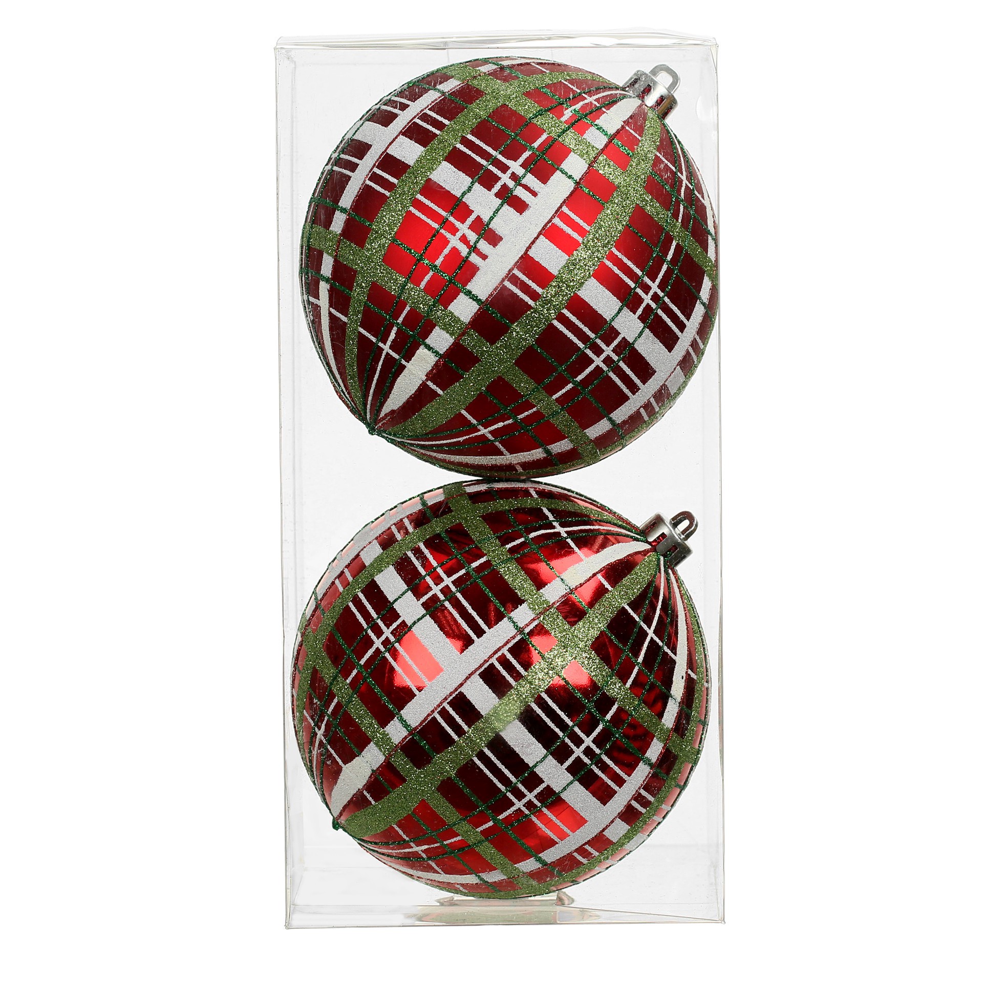 slide 3 of 3, 2 Pack 4.7" Red, Green & White Plaid Shatterproof Ball Ornaments By Ashland, 2 ct