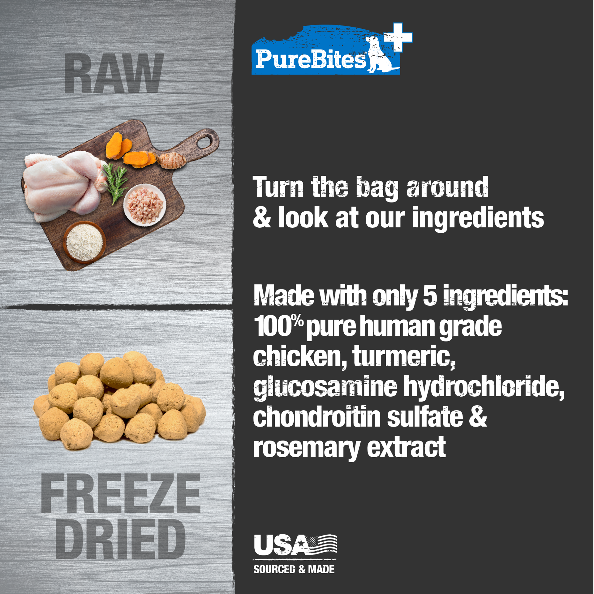 slide 3 of 5, PureBites+ Freeze Dried Dog Treat 3.0oz | Hip & Joint | 5 Ingredients | Made in USA, 85 g