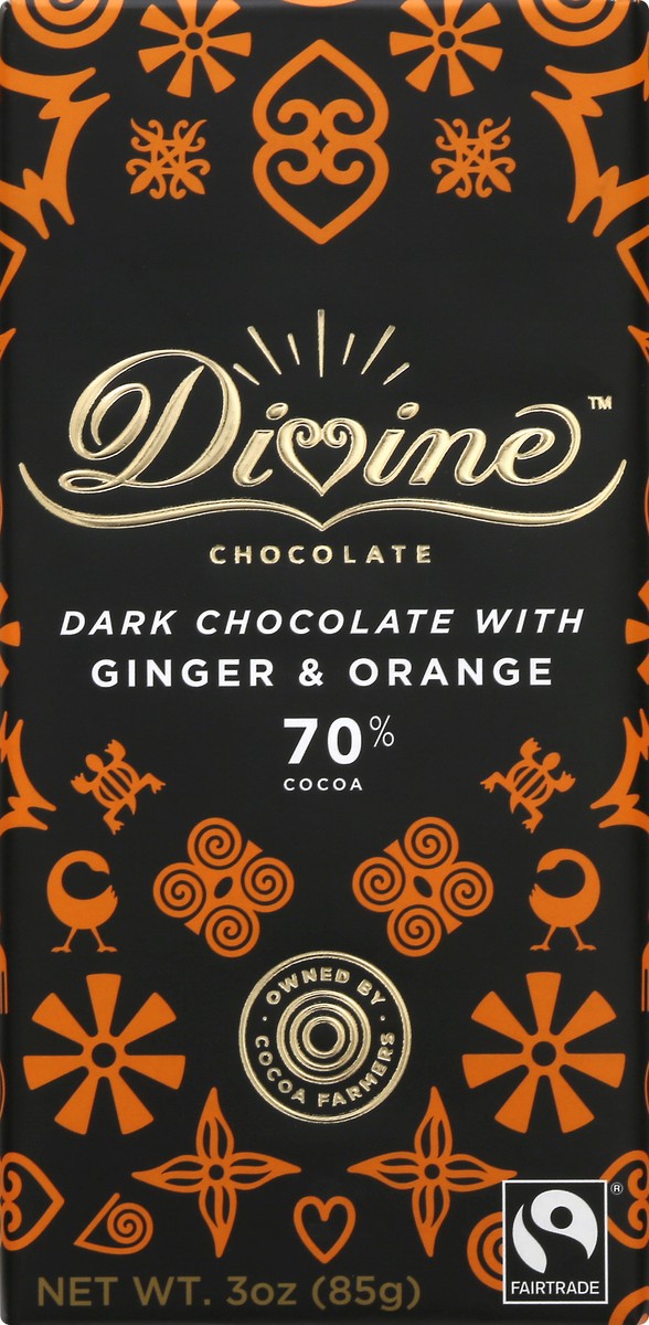 slide 1 of 10, Divinechoc 70% Dark Chocolate Bar With Ginger & Orange, 3 oz