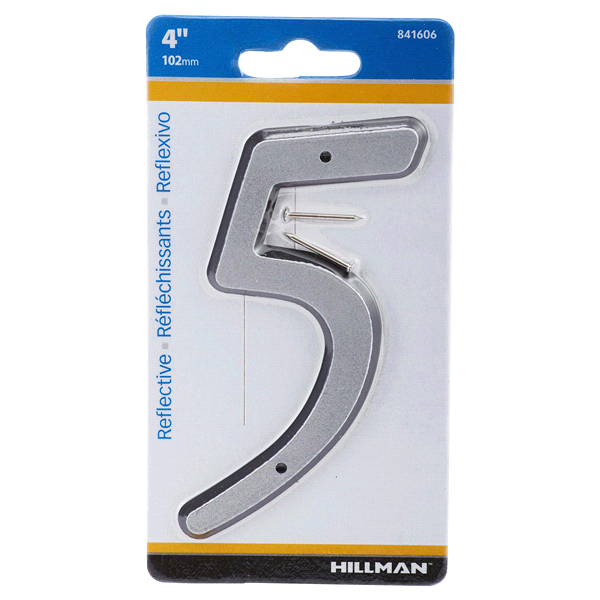 slide 1 of 1, Hillman 4" Nail-On Reflective House Number 5, 1 ct